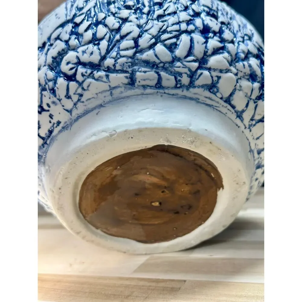 Large Studio Pottery Vase Blue White Textured Forest Trees Cottagecore Décor 11”